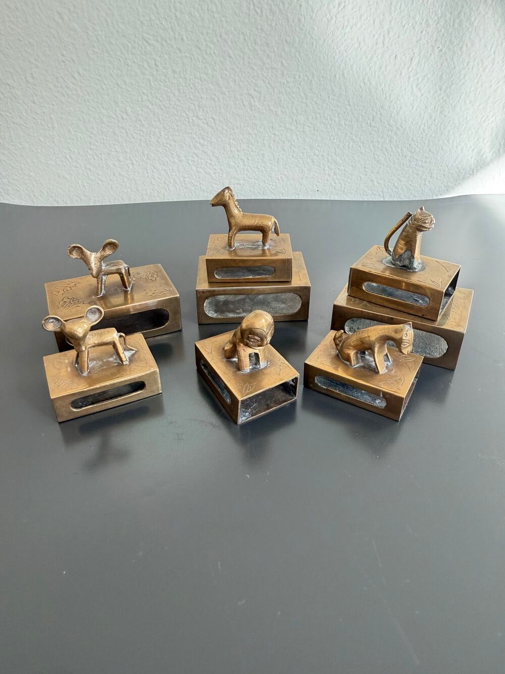 Vintage Brass Animal Matchbox Holder Set of 8 Mid Century Chinese Export Zodiac